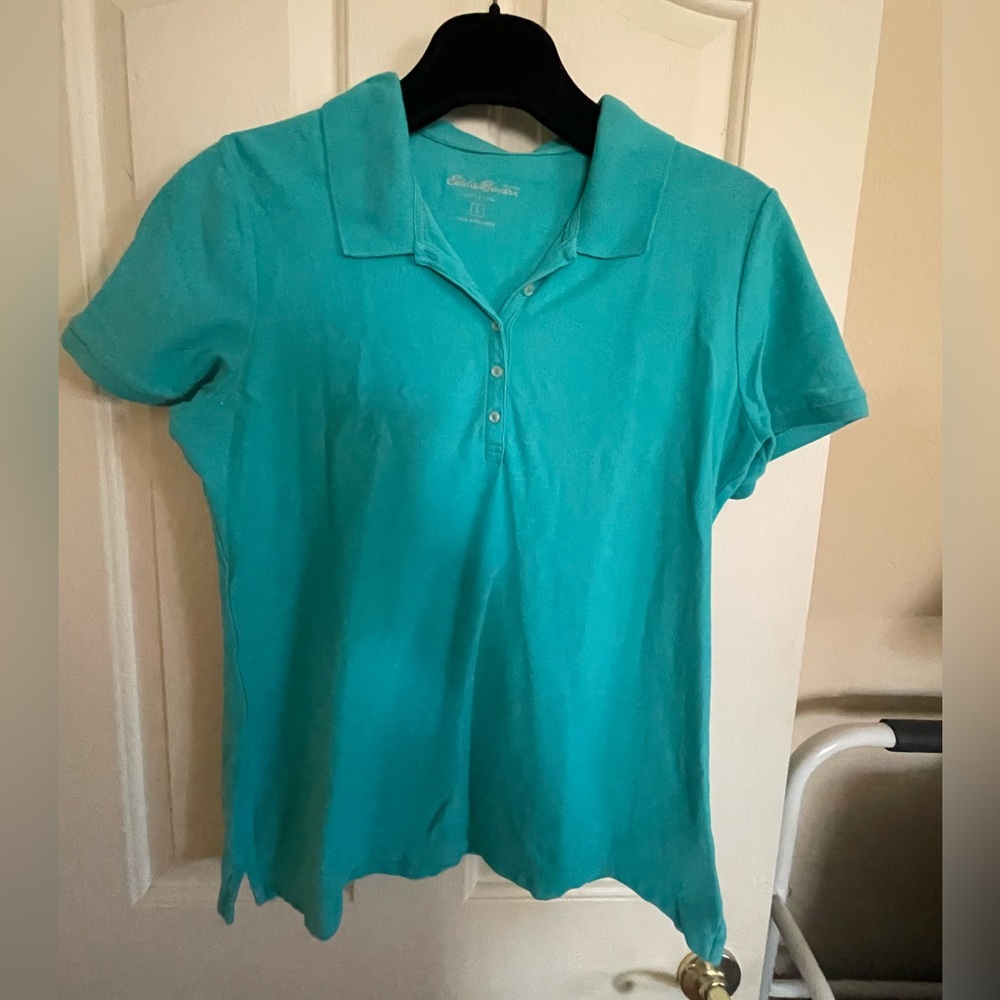 Eddie Bauer Ladies Sz L polo Top Turquoise collar 5 Front Buttons short sleeves